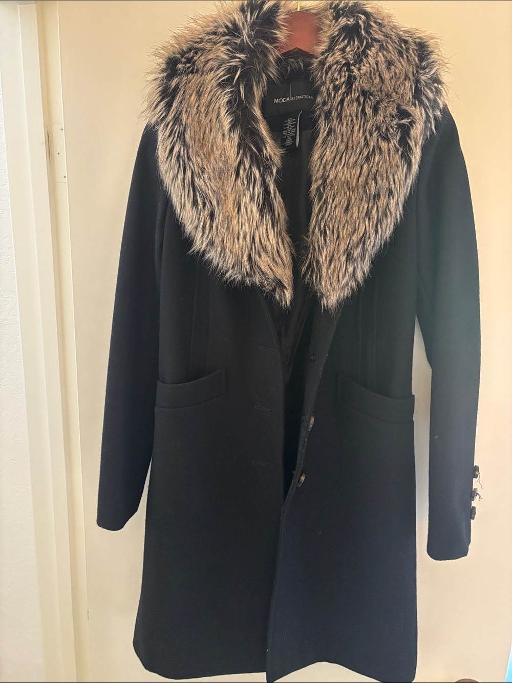 Moda International Black Peacoat with Faux Fur Trim